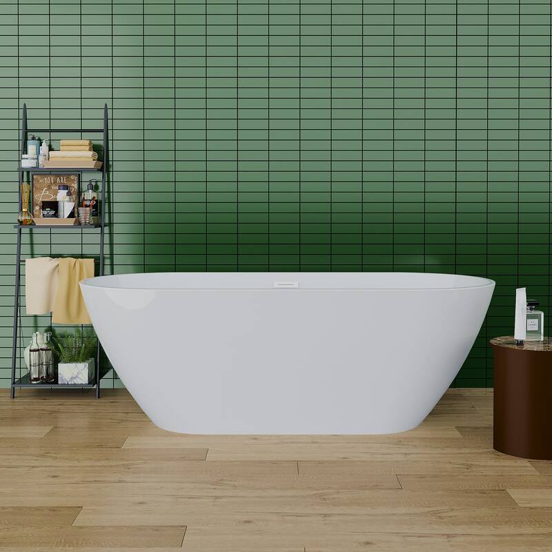 Acrylic Freestanding Soaking Bathtub with Chrome Overflow and Center Drain in Glossy White - 63"x28.8" - Glossy White