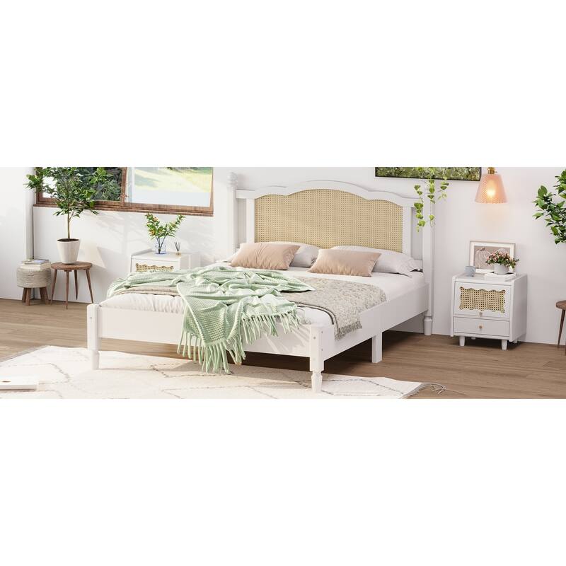 Wooden Platform Bed with Rattan Headboard Curved Wingback Bed Vintage Bed Frame Wood Slat Support Bed with Underbed Storage