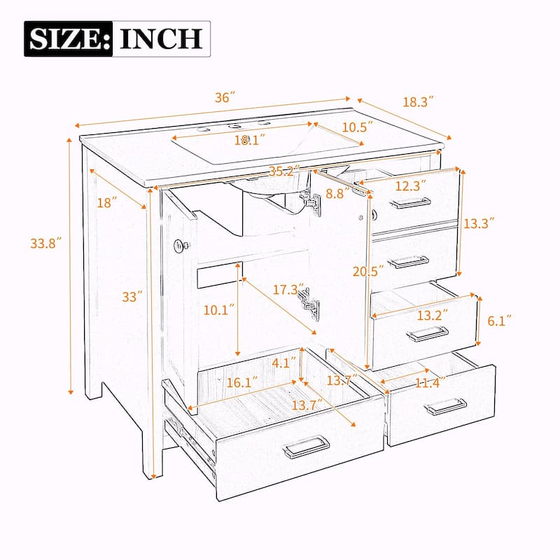 36'' Bathroom Vanity with Ceramic Sink Combo, Solid Wood Frame Bathroom Storage Cabinet