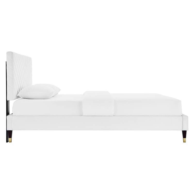 Roxanne Performance Velvet Platform Bed With Wood and Gold Legs