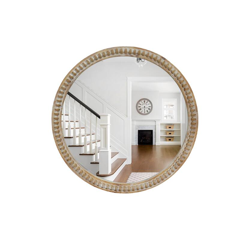 Round Decorative Wall Mirror, 27.5" Distressed Wood Beaded Frame Mirror for Entryway, Living Room, Bathroom - Natural Wood