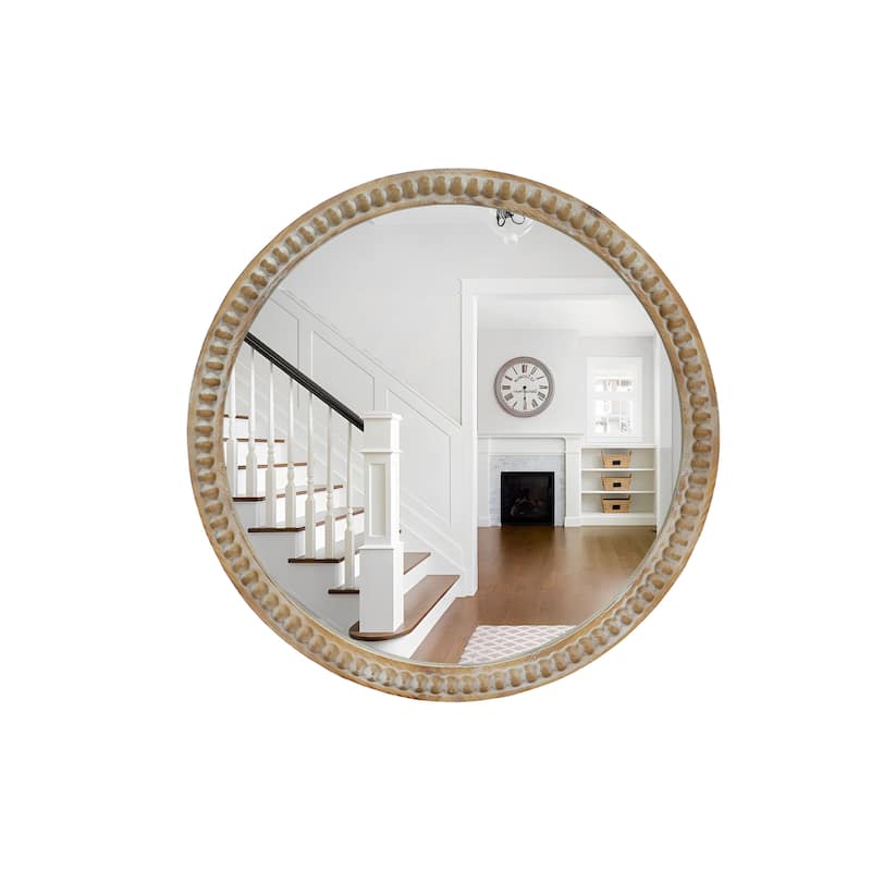 Round Decorative Wall Mirror, 35.43" Distressed Wood Beaded Frame Mirror for Entryway, Living Room, Bathroom - Natural Wood