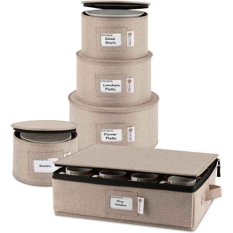 Hard Shell China Storage Containers 5-Piece Set Moving Boxes for Dinnerware, Glasses, Plates, Mugs and Saucers - Brown