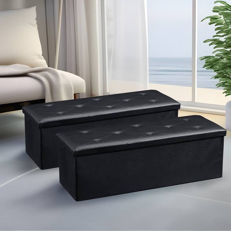 2 PC Storage Folding Ottoman, Storage Footrest Stool, Faux Leather Storage Bench Cube with Padded Seat for Small Space