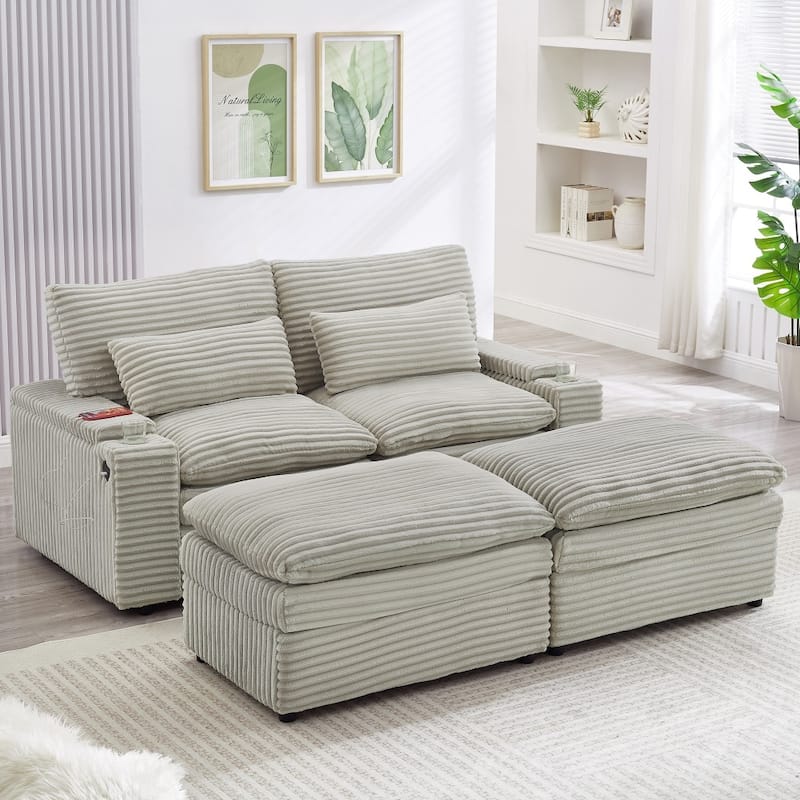 70.9" Loveseat Sectional Convertible Sofa with Ottomans and Storage Space, USB Ports - Grey