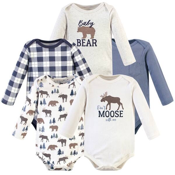 slide 1 of 1, Hudson Baby Infant Boy Cotton Long-Sleeve Bodysuits 5pk, Moose Bear 0-3 Months - Moose Bear 5-Pack