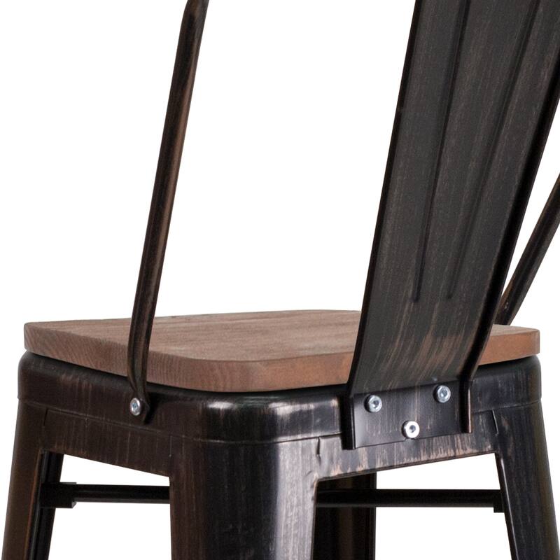 30" High Metal Barstool with Back and Wood Seat - 17.75"W x 20"D x 45.25"H