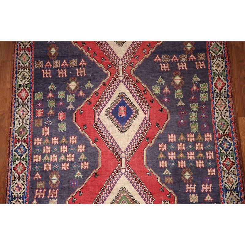 Navy Geometric Yalameh Persian Vintage Rug Hand-knotted Wool Carpet - 4'3"x 7'1"
