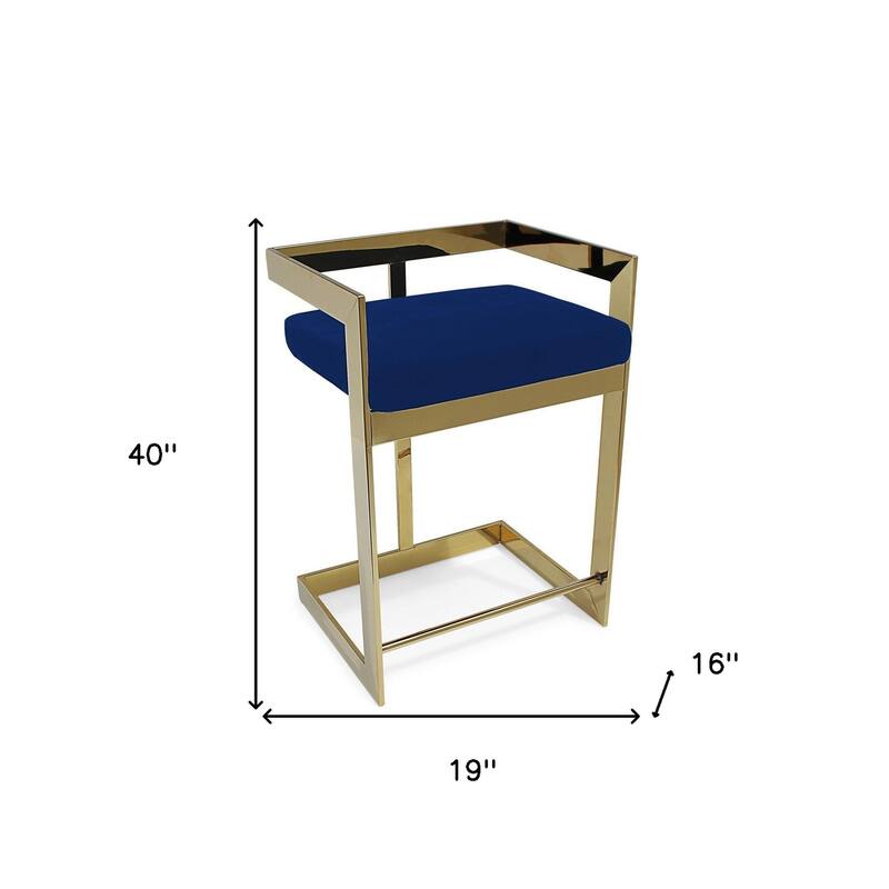 HomeRoots 30" Blue and Gold Metal and Velvet Low Back Bar Height Bar Chair