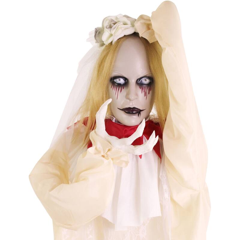 Haunted Hill Farm Poppy the Animatronic Zombie Bride with Pop-Up Head and Light-Up Eyes for Scary Halloween Decoration