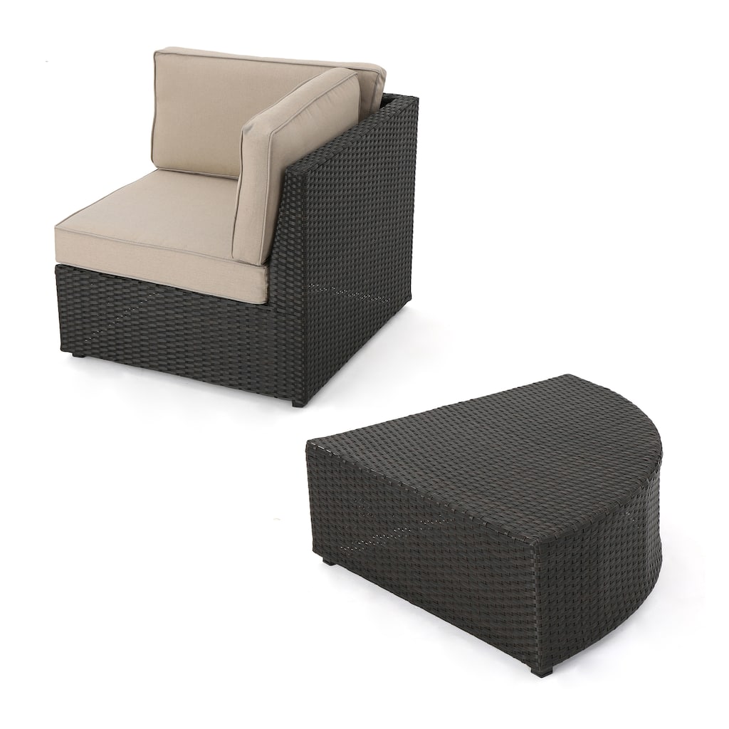 Roomfitters Stylish Wicker Corner Chair and Matching Outdoor Table Set with Plush Comfortable Cushions, Perfect for Relaxing