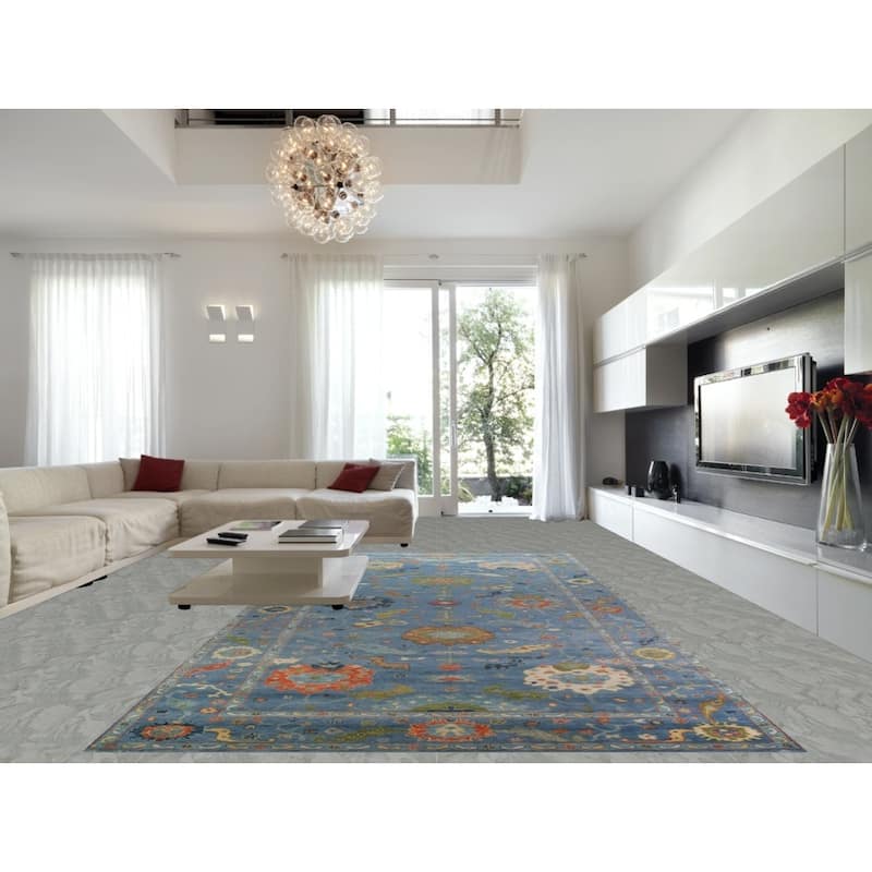 All-Over Blue Oushak Indian Large Rug Hand-Knotted Wool Carpet - 9'1" x 17'9"