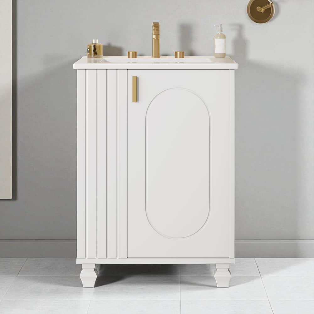 24" Bathroom Vanity with Ceramic Sink, Pine Wood Frame, Soft-Close Door & Side Open Storage