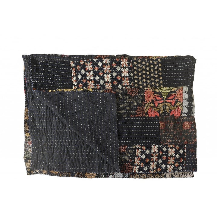 70" X 50" Black Kantha Cotton Patchwork Throw Blanket with Embroidery