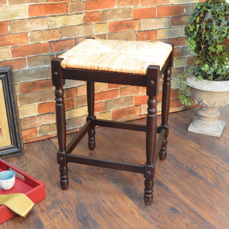 24" Espresso Brown and Beige Counter Stool with Hand Woven Rush Seat
