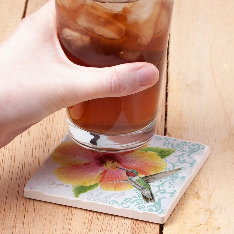 Absorbent Stone Beverage Coasters - Set of 4 - Hibiscus - Multi-144