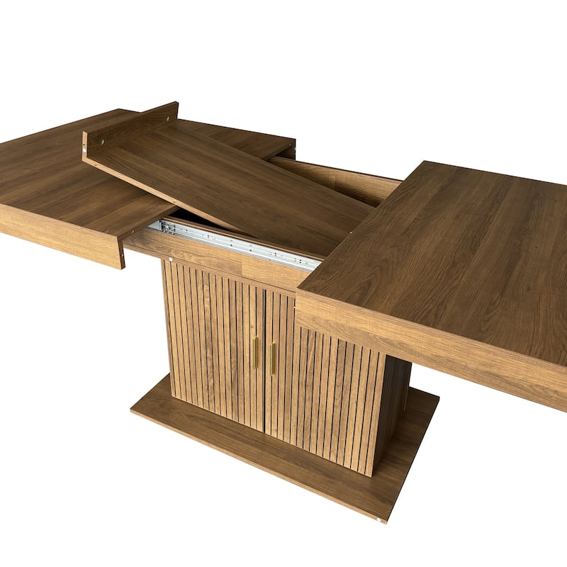 Extendable Cabinet Dining Table with Storage, Wood Kitchen Table with Striped Cabinet, Waterproof Coffee Table