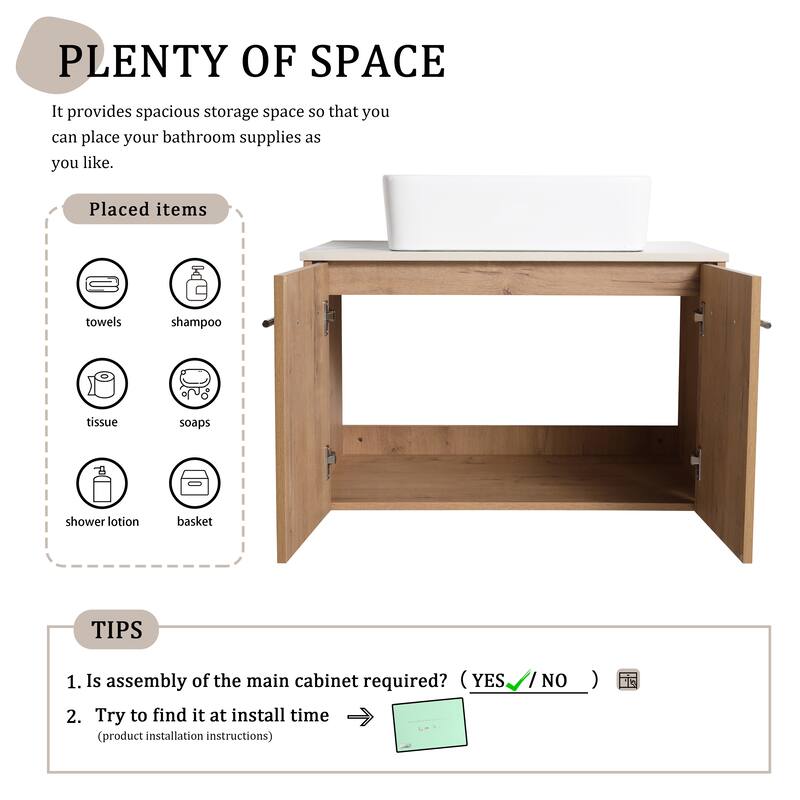 Beingnext 24"/30" Single Bathroom Vanity with Sink, Floating Bathroom Vanity with 2 Soft Close Doors