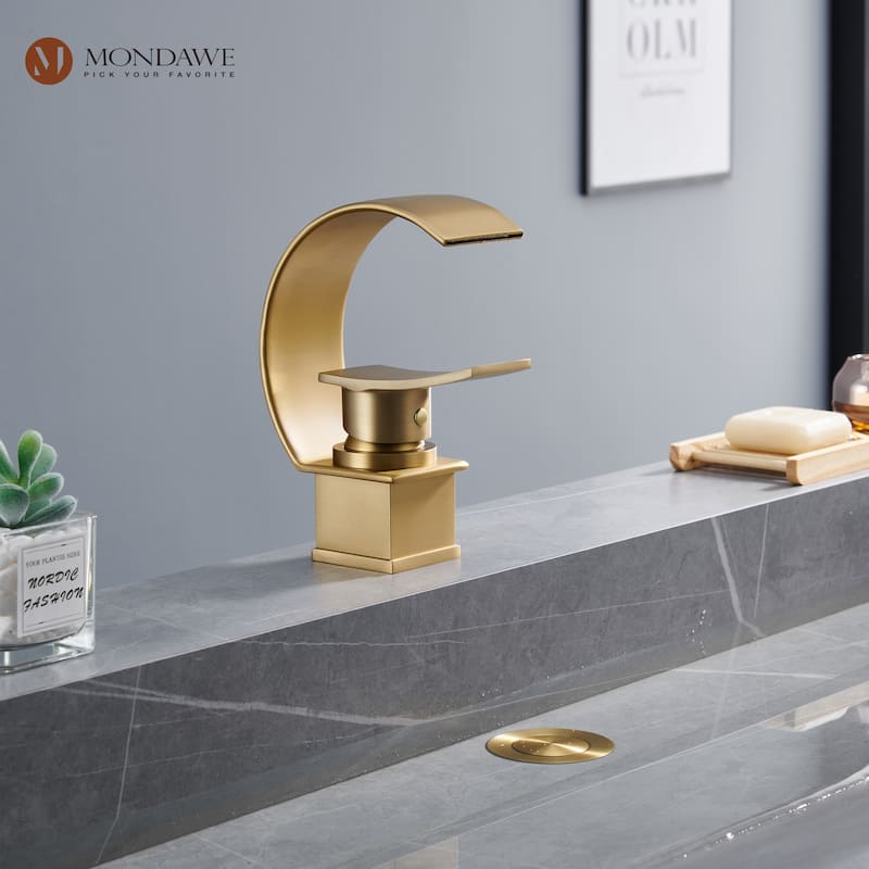 Mondawe Luxury C-Shape Arc Waterfall Spout Single Handle 8 inch Widespread Bathroom Sink Faucet With Pop-up Drain in Matte Black