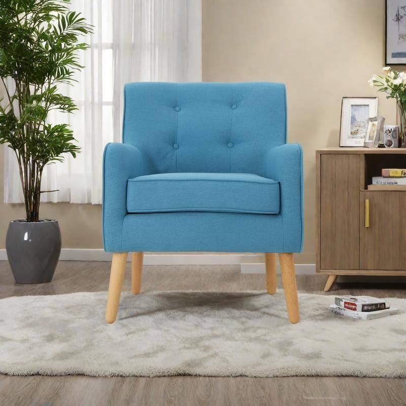 Polyester Mid-Century Armchair with Button-Tufted Back, Solid Wood Legs and High-Density Foam Seat - Teal