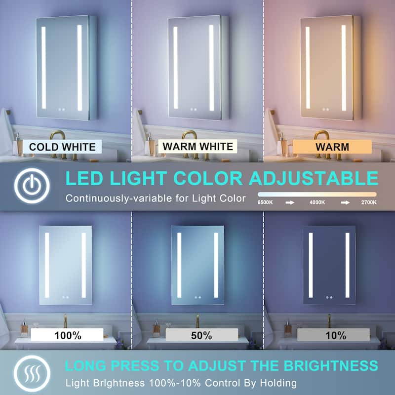 Recessed or Surface 30" H LED Mirror Cabinet with Adjustable Glass Shelves,Defogger, Dimmer And Outlets & USB Ports