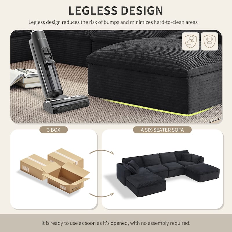 Roomfitters 142"x82" Modular U-Shaped Sectional Sofa with Ottomans, Corduroy Upholstery, Extra Wide Deep Cushions