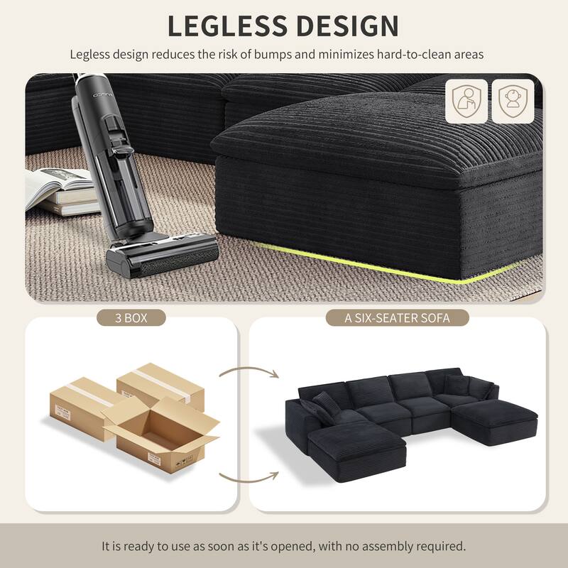 U-Shaped Sectional Sofa Set, Oversized Modular Deep Seat Sofa Corduroy Cloud Like Couch with 2 Movable Ottomans