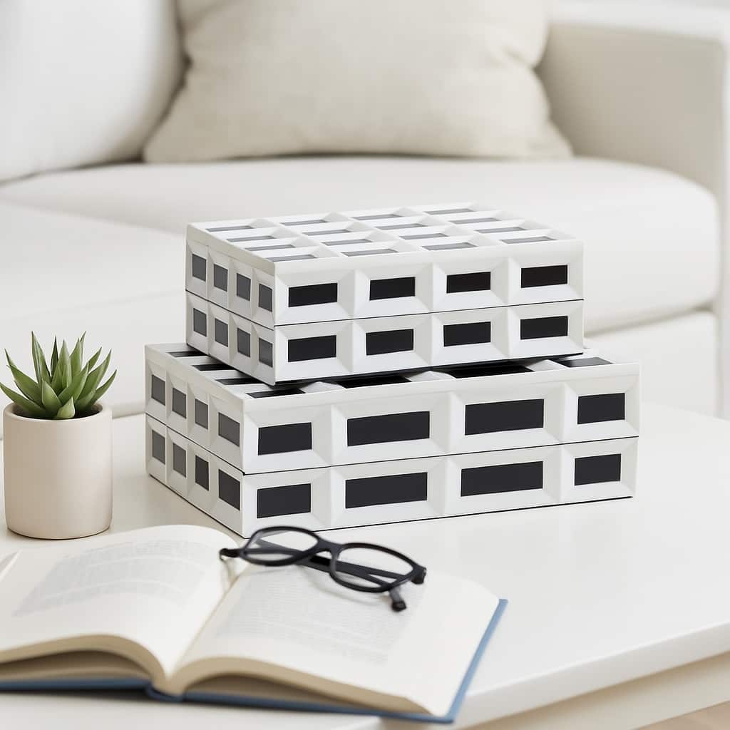 Decorative Checkered Pattern Box with Lid - Set of 2, 10", 12" White - 12.25"