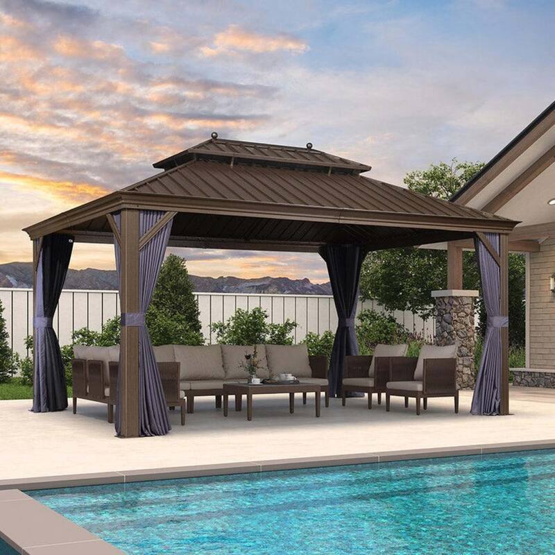 PURPLE LEAF Hardtop Aluminum Gazebo with Curtains and Netting, Double Roof Patio Gazebo