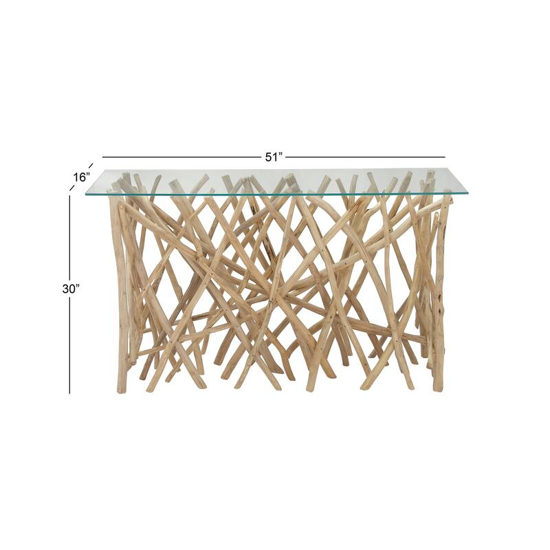 Teak Wood Handmade Tree Branch Console Table with Clear Glass Top - Brown - Roche River Decor - 16"W x 51"L x 30"H