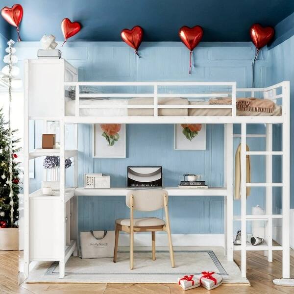 slide 2 of 14, White Metal Storage Loft Bed with Wardrobe And L-shaped Desk, Full Size White