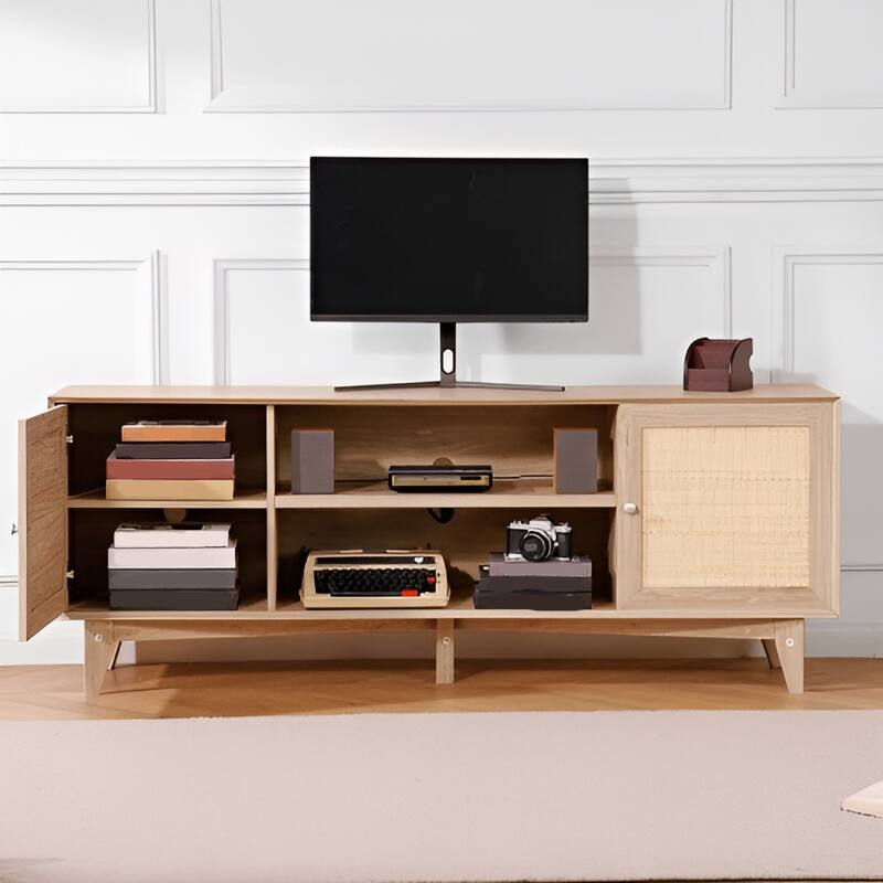 Rattan TV Stand for 75 Inch TV Mid Century Modern Cabinet with Storage - 17.4x17.4x13.8in