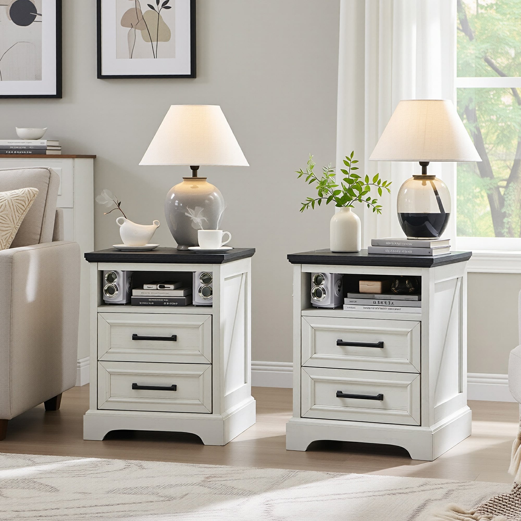 Farmhouse Nightstand Set of 2 with Charging Station, End Table