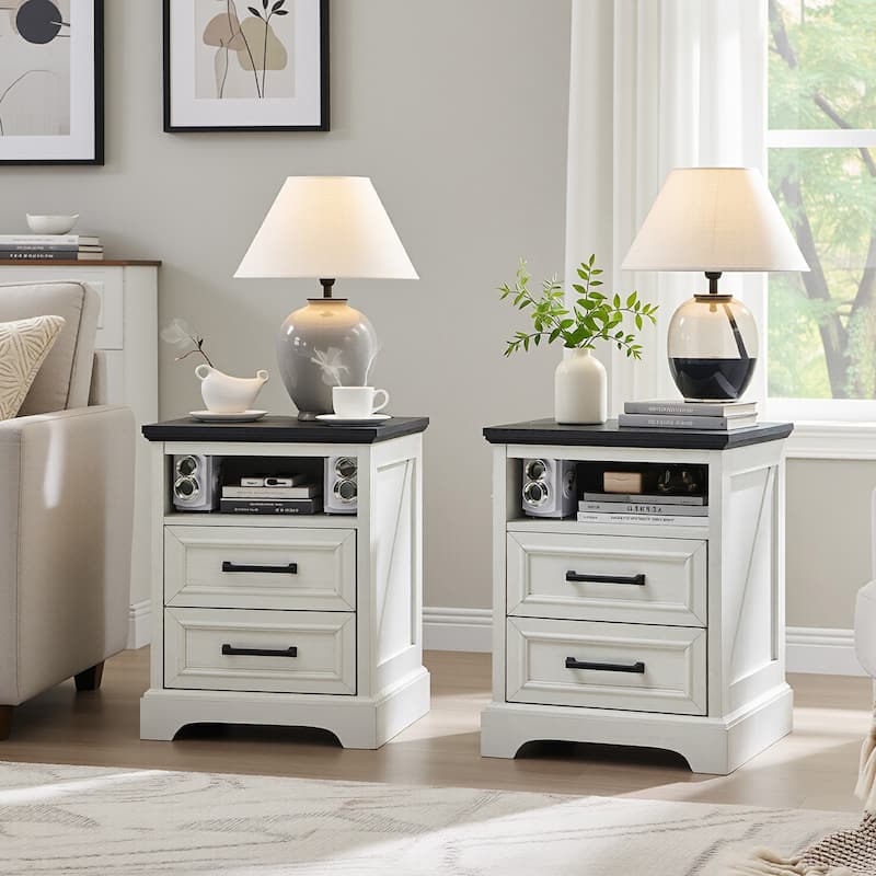 Farmhouse Nightstand Set of 2 with Charging Station, End Table - White