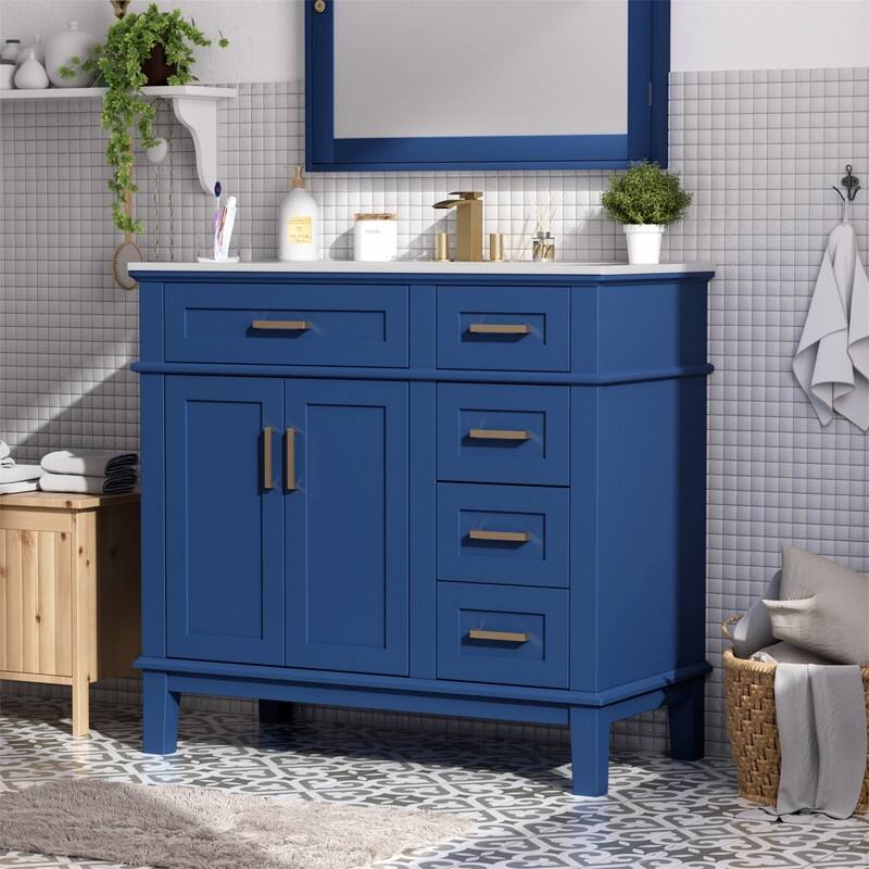 36" Bathroom Vanity with Ceramic Sink, Freestanding Bathroom Vanity Cabinet with 2 Soft Close Doors and 4 Storage Drawers