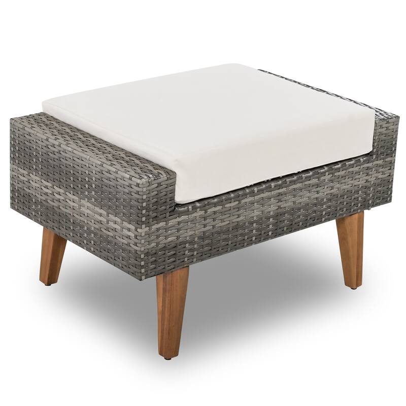 Roomfitters 6-Piece Outdoor Patio Furniture Set with Wicker Sofa, Armchairs, Ottomans and Coffee Table, Wood Legs, Gray+Beige