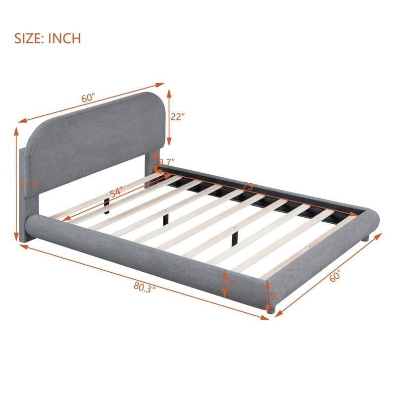 Full/Queen Size Teddy Fleece Upholstered Bed with Thick Fabric, Platform Bed Frame with Headboard & Stylish Curve-shaped Design