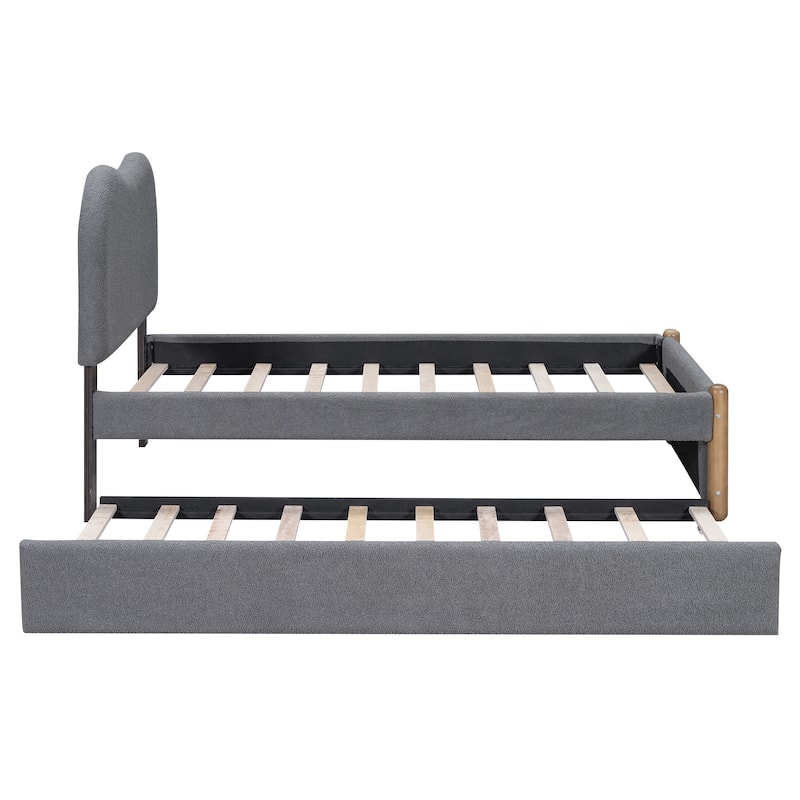 Twin Size Upholstered Platform Bed Frame with Wood Supporting Feet and Slatted, Pull-out Trundle Bed for Bedroom