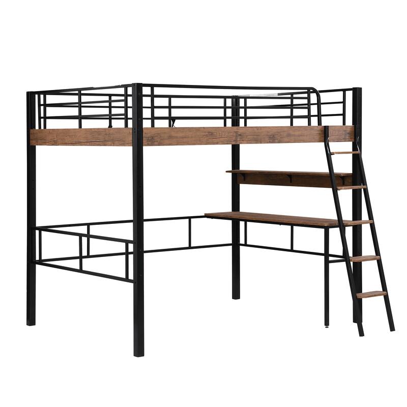Full Size Metal Loft Bed with Built-in Desk and Storage Shelf, Black