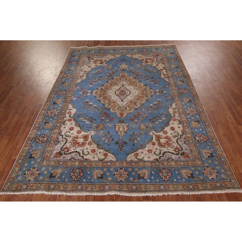 Distressed Blue Tabriz Vintage Persian Area Rug Handmade Wool Carpet - 8'1" x 11'2"