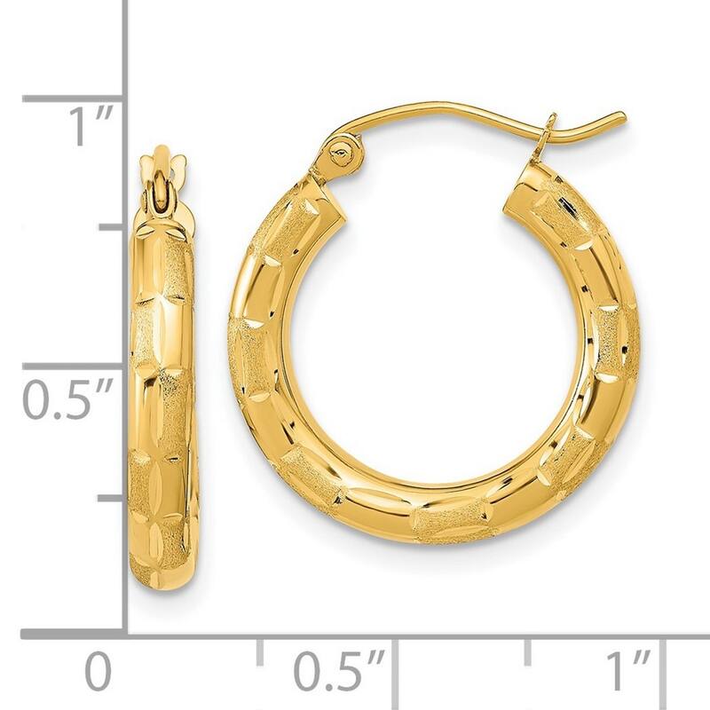 Curata 14k Yellow Gold Polished Satin and Sparkle Cut Hoop Earrings - 21.18x19.44mm