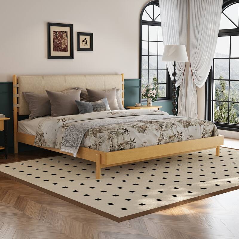 Premium Rubber Wood Platform Bed Frame, King Bed Frame with Headboard Included, Mid Century Modern Bed With Walnut+Light Grey - Beige