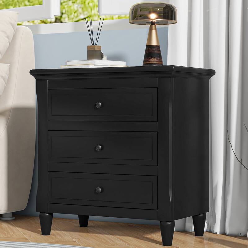 Black MDF Nightstand 3 Drawer Wooden Storage Cabinet for Bedroom Living Room