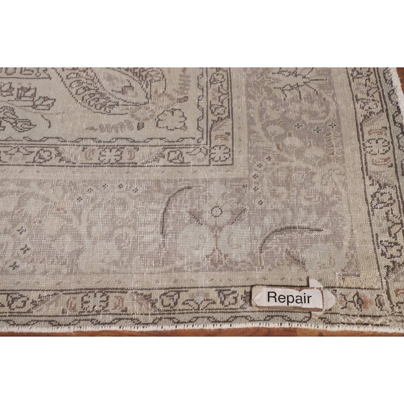 Distressed Tabriz Persian Vintage Rug Hand-Knotted Beige Wool Carpet - 8'0"x 10'7"
