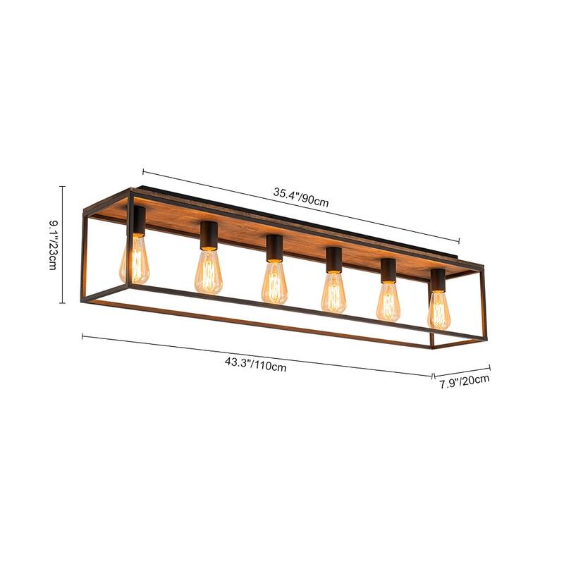 Modern Farmhouse Oak Wood Rectangle Cage Semi-Flush Mount