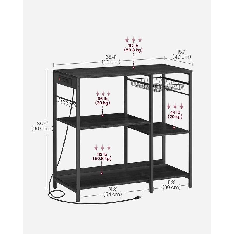 Steel Bakers Rack with Outlet Shelves and Basket with Charging Station - 15.7”D x 35.4”W x 35.6”H