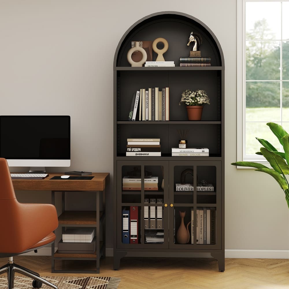 73.6-Inch Arched Metal Storage Display Cabinet with Adjustable Shelves