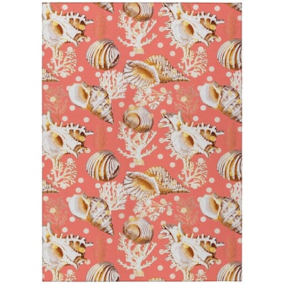 Indoor/ Outdoor Surfside Coral Shells Washable Rug New