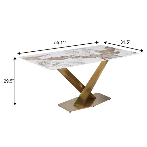 dimension image slide 8 of 14, Voren Modern Rectangular Dining Table, Sintered Stone/Tempered Glass Top & Stainless Steel Gold Finish Pedestal Base