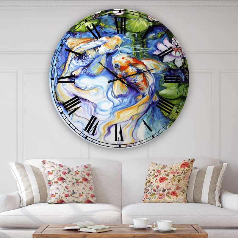 Designart 'Koi Koi And Lily' Large Nautical & Coastal Wall Clock